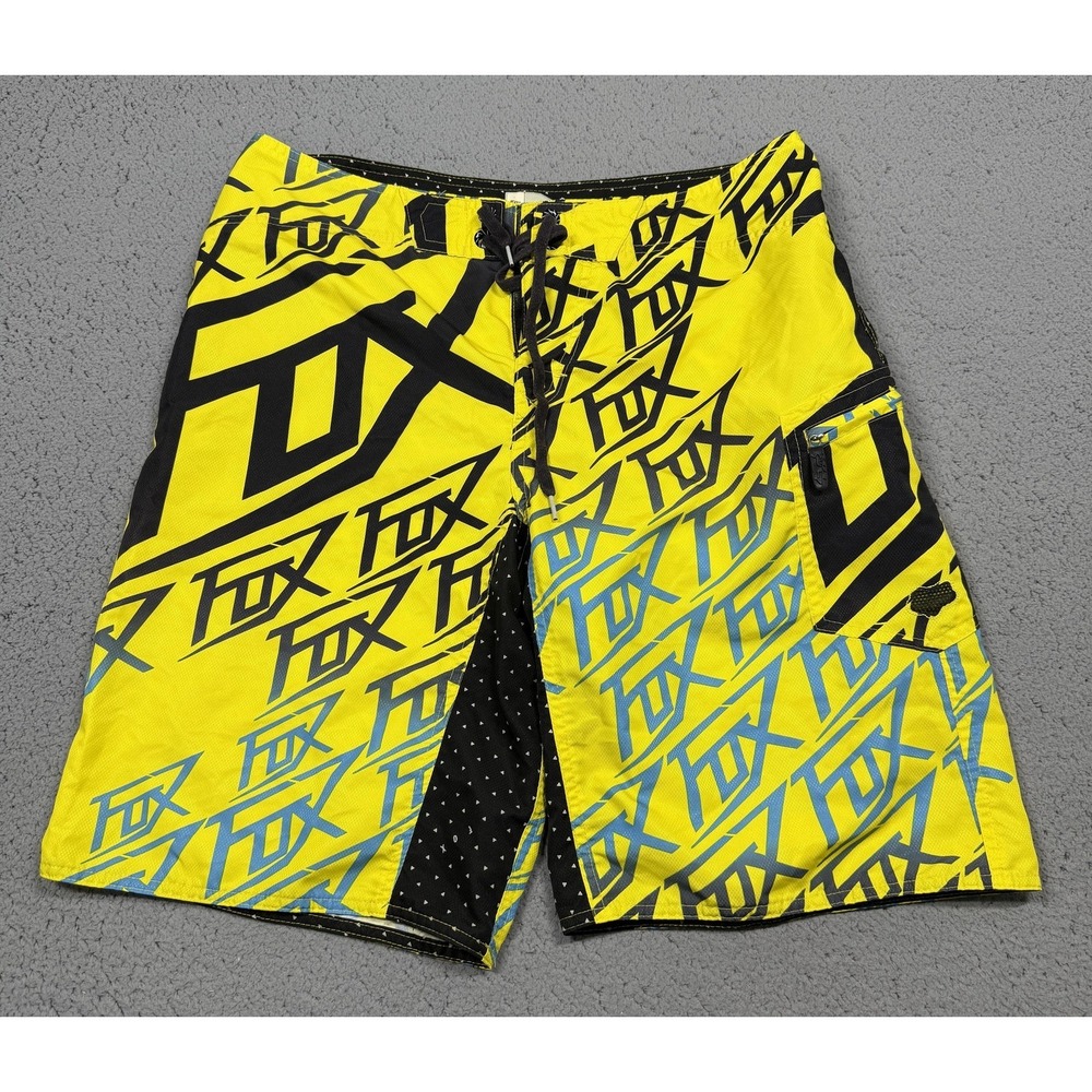 Fox Board Shorts Mens 34 Yellow Logo Swim Trunks Drawstring Zip Pocket Beach